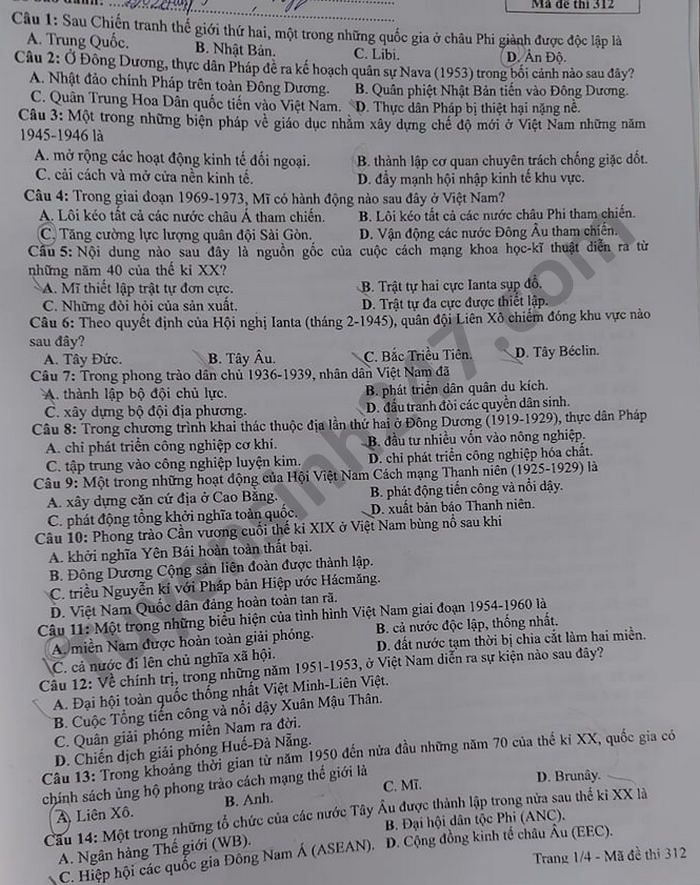 Đáp án đề thi tốt nghiệp THPT năm 2021 môn Lịch sử mã đề 312 