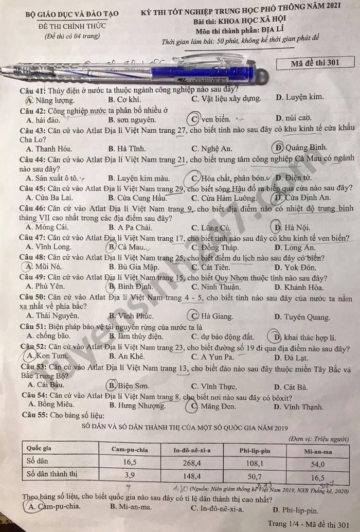 Đáp án đề thi tốt nghiệp THPT năm 2021 môn Địa - mã đề 301