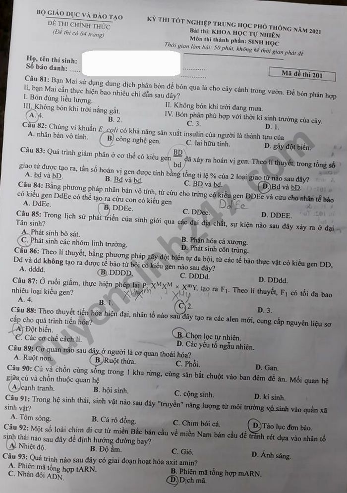 Đáp án đề thi tốt nghiệp THPT mã đề 201 môn Sinh năm 2021