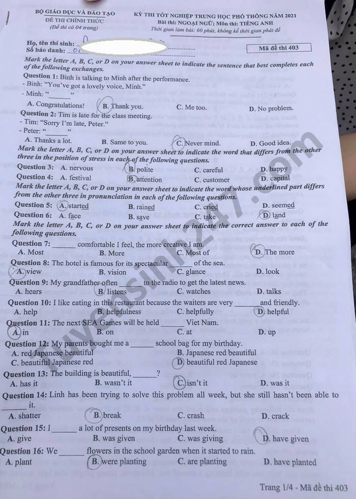 Đáp án đề thi tốt nghiệp THPT năm 2021 môn Anh mã đề 403