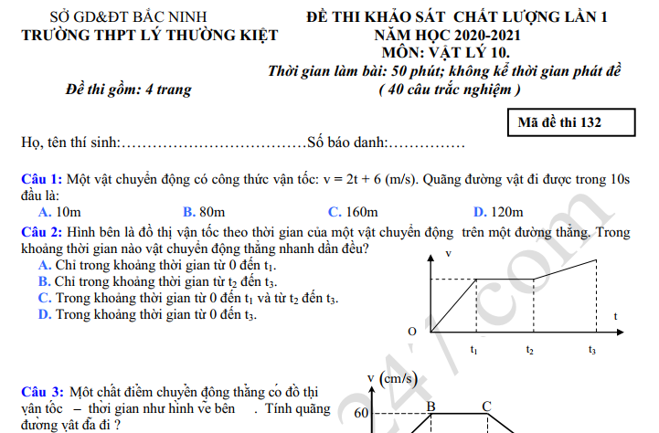 Đề KSCL đầu năm lớp 10 môn Lý - THPT Lý Thường Kiệt 2021