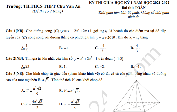 Đề thi giữa kì 1 môn Toán lớp 12 - THPT Chu Văn An 2021
