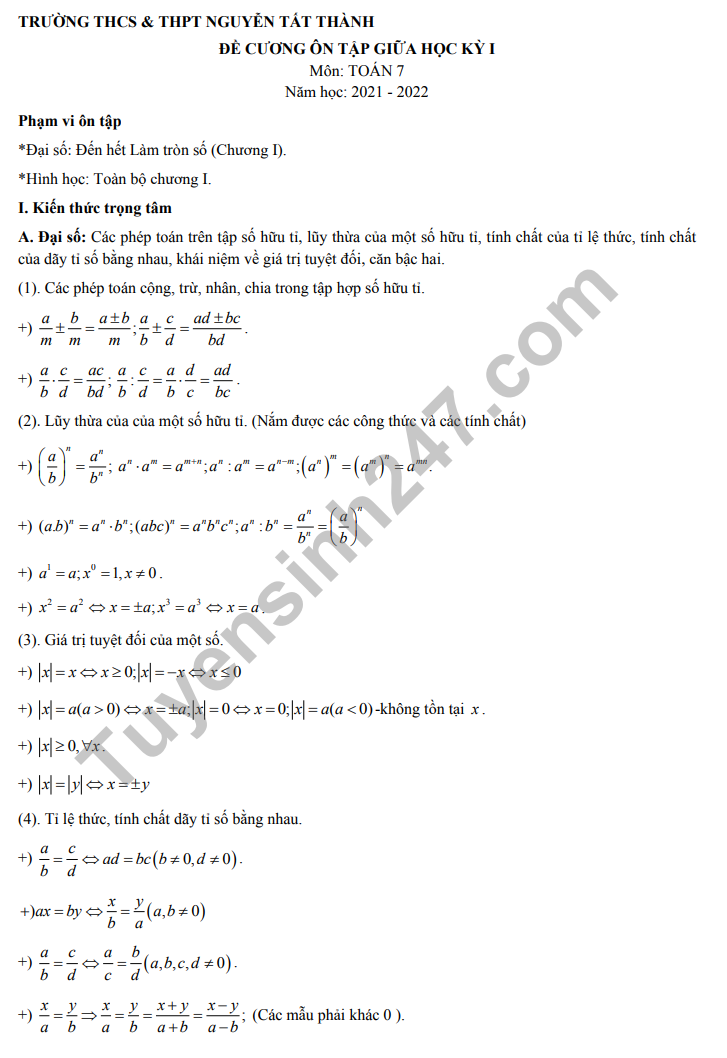 Đề cương ôn tập giữa kì 1 môn Toán lớp 7 - THCS Nguyễn Tất Thành 2021