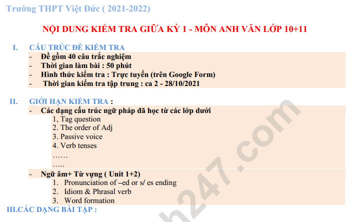 Đề cương ôn tập giữa kì 1 lớp 10, 11 môn Anh 2021 - THPT Việt Đức