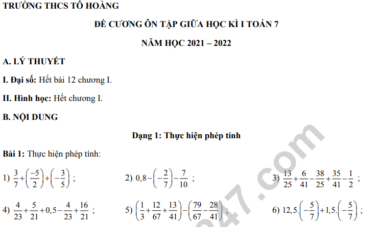 Đề cương giữa kì 1 môn Toán lớp 7 - THCS Tô Hoàng 2021