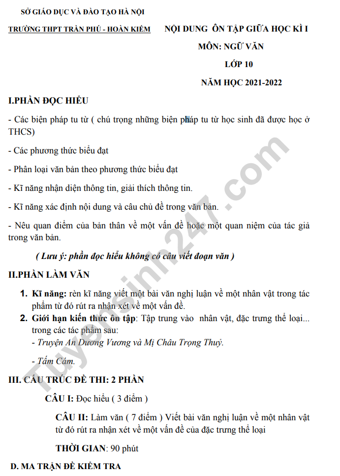 Đề cương giữa kì 1 môn Văn lớp 10 - THPT Trần Phú 2021