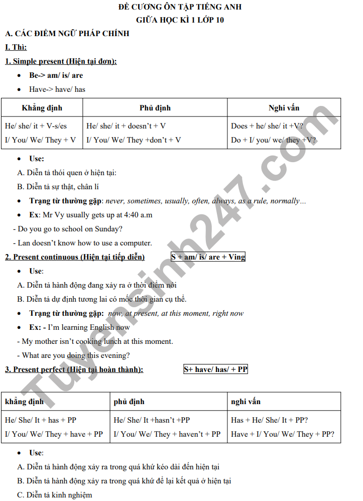 Nội dung ôn tập giữa kì 1 môn Anh lớp 10 - THPT Sơn Động 3 năm 2021