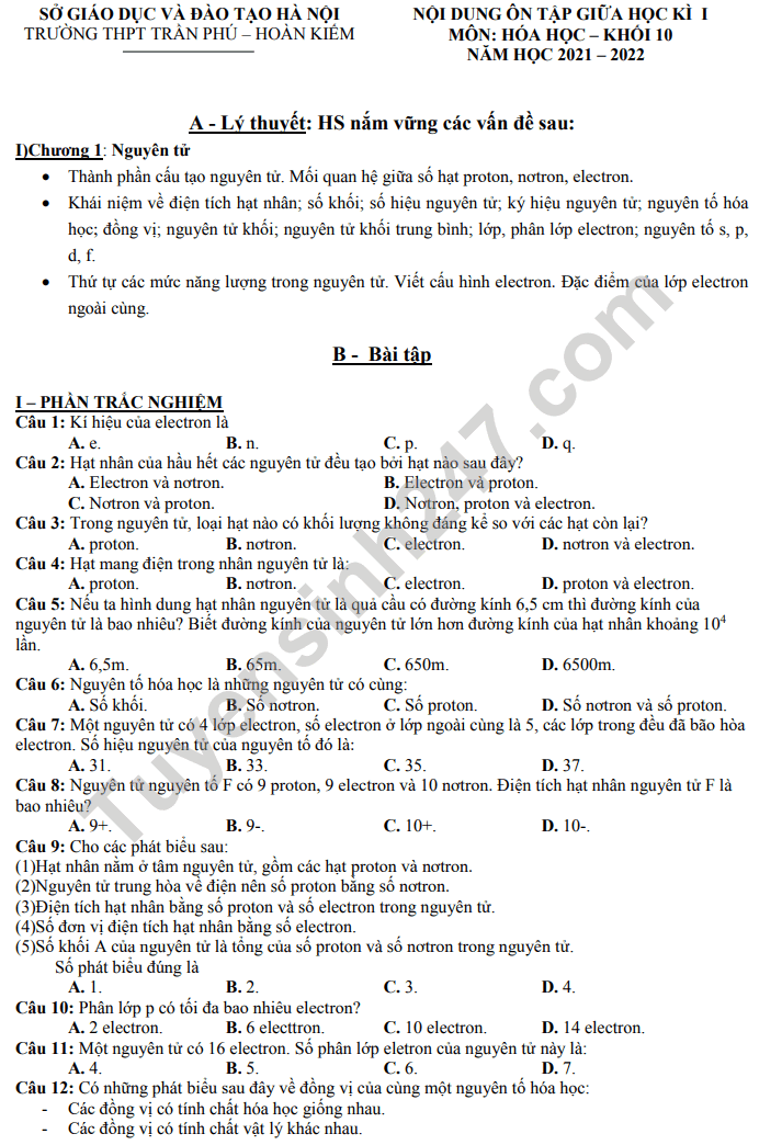 Đề cương giữa kì 1 lớp 10 môn Hóa 2021 - THPT Trần Phú