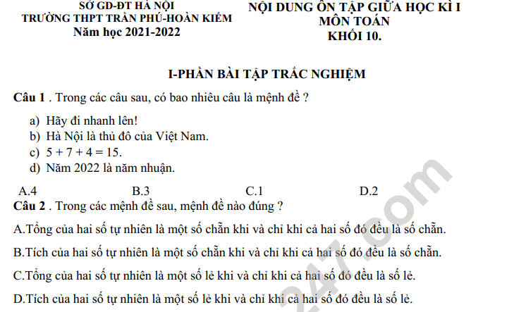 Đề cương giữa kì 1 lớp 10 môn Toán 2021 - THPT Trần Phú