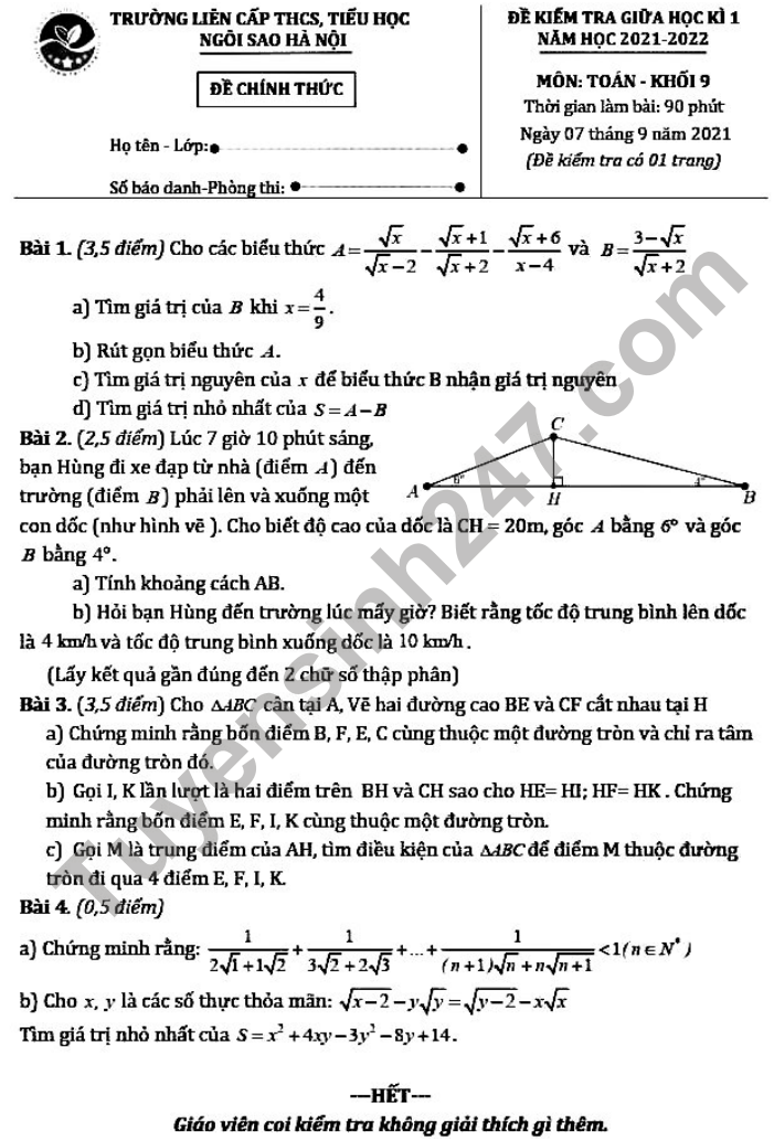 Đề thi giữa kì 1 lớp 9 môn Toán - TH&THCS Ngôi Sao Hà Nội 2021