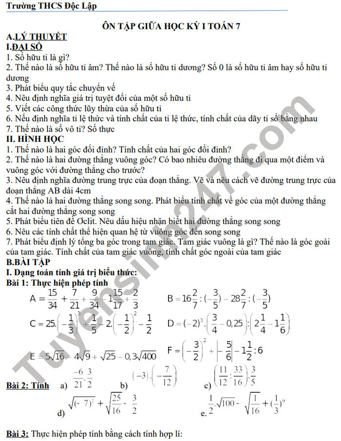 Đề cương giữa học kì 1 lớp 7 môn Toán - THCS Độc Lập năm 2021