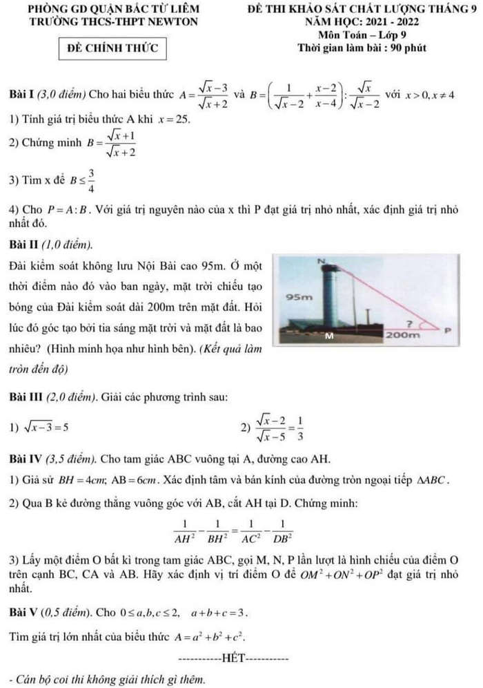 Đề thi giữa kì 1 môn Toán lớp 9 năm 2021 THCS-THPT Newton