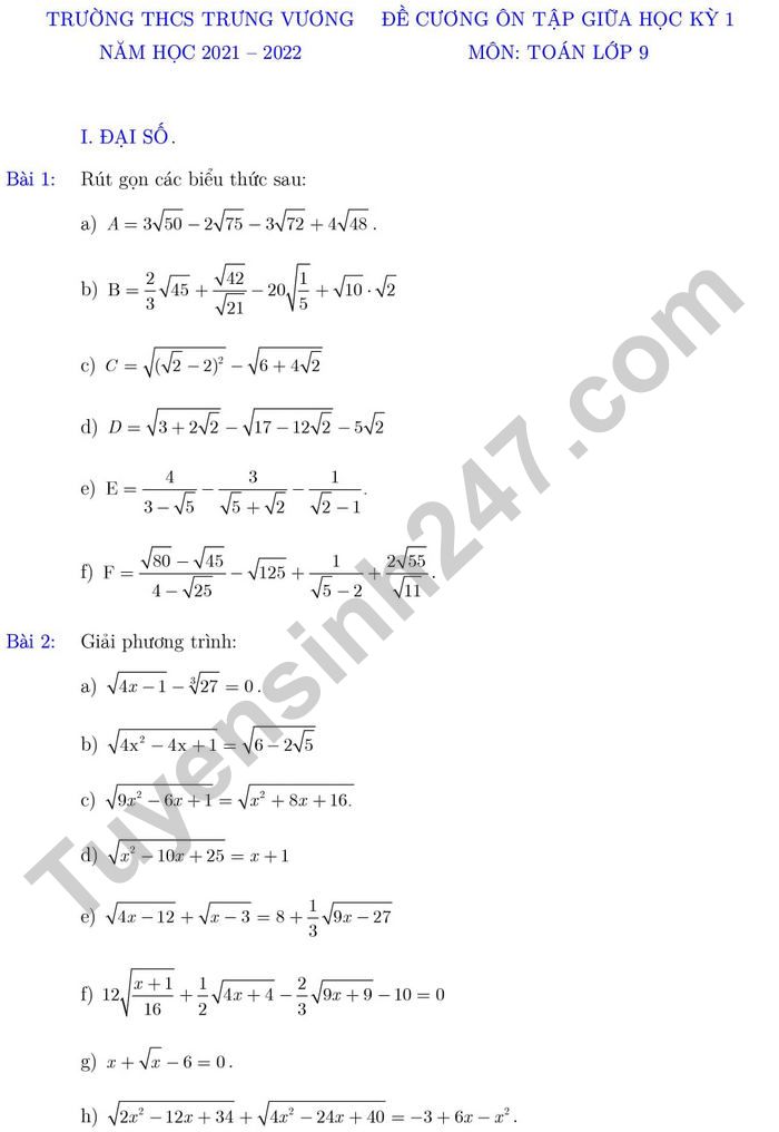 Đề cương ôn tập giữa kì 1 năm 2021 lớp 9 môn Toán - THCS Trưng Vương