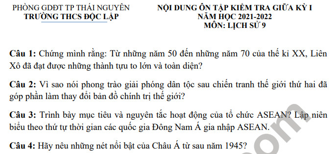 Nội dung ôn tập giữa kì 1 năm 2021 THCS Độc Lập lớp 9 môn Sử