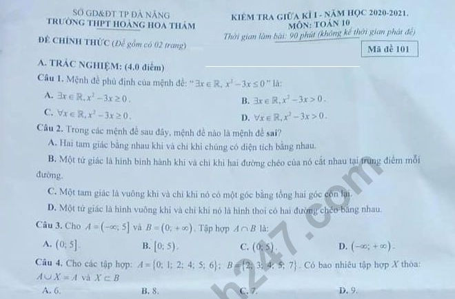 Đề thi giữa kì 1 lớp 10 môn Toán 2021 - THPT Hoàng Hoa Thám