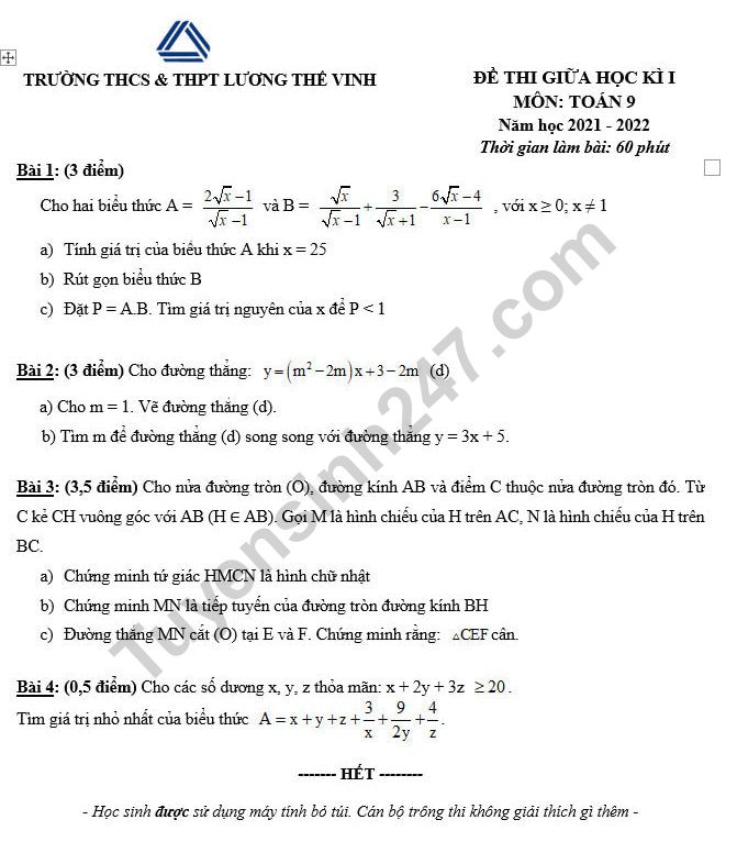 Đề thi giữa kì 1 lớp 9 môn Toán - THCS THPT Lương Thế Vinh 2021