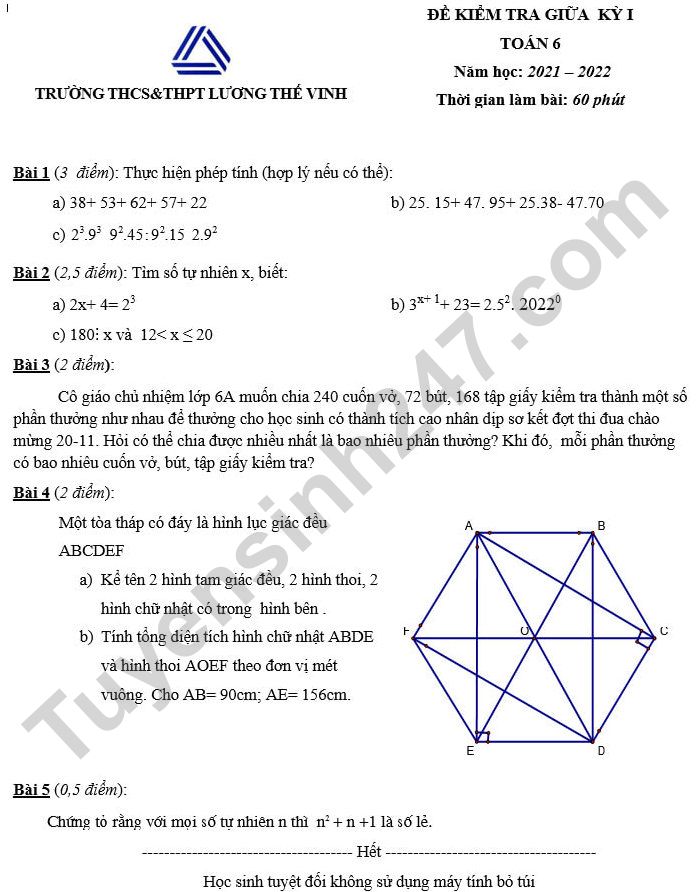 Đề thi giữa kì 1 năm 2021 Toán lớp 6 - THCS THPT Lương Thế Vinh