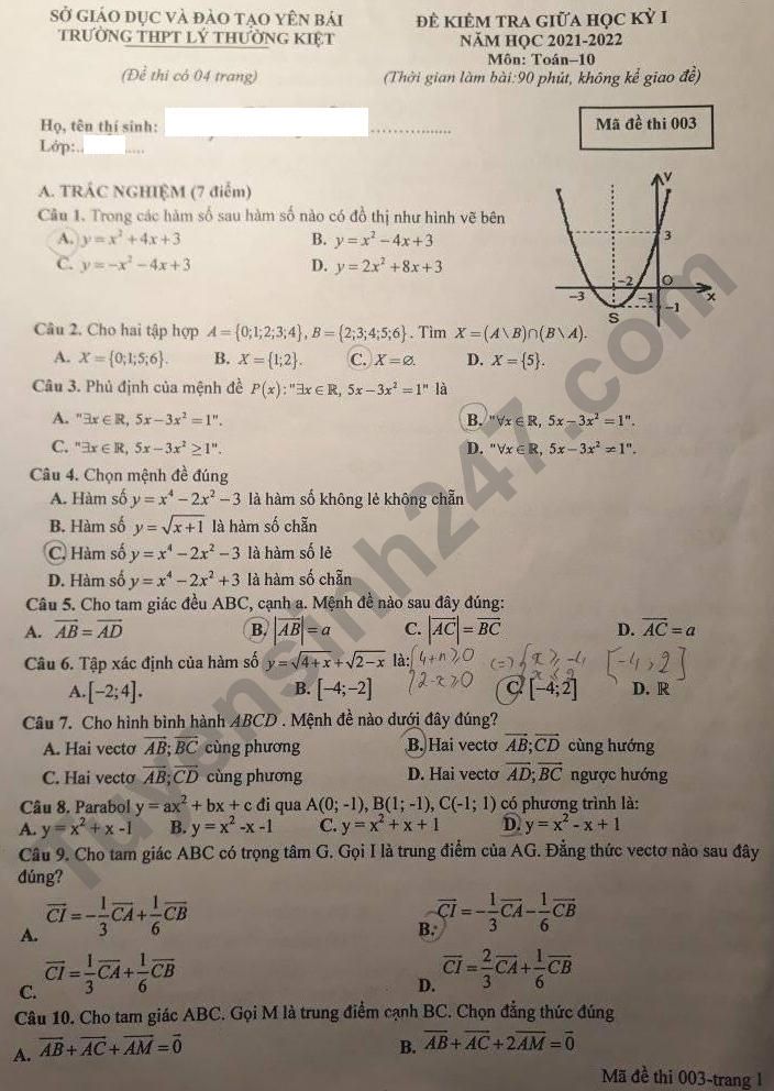 Đề thi giữa kì 1 năm 2021 THPT Lý Thường Kiệt - lớp 10 môn Toán