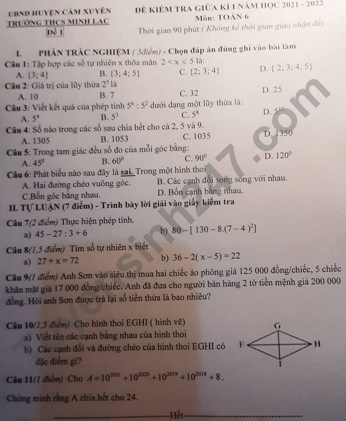 Đề thi giữa kì 1 lớp 6 môn Toán - THCS Minh Lạc 2021