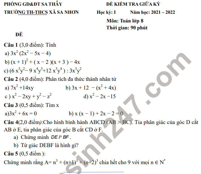 Đề thi giữa kì 1 năm 2021 TH&THCS Xã Sa Nhơn - Toán lớp 8 (Có đáp án)