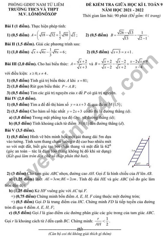 Đề kiểm tra giữa kì 1 năm 2021 THCS&THPT M.V.Lômônôxốp - môn Toán lớp 9