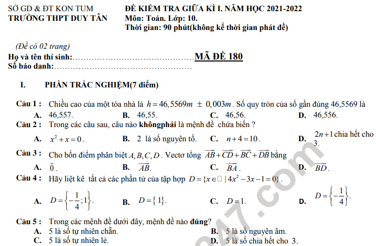 Đề thi giữa kì 1 môn Toán lớp 10 năm 2021 - THPT Duy Tân