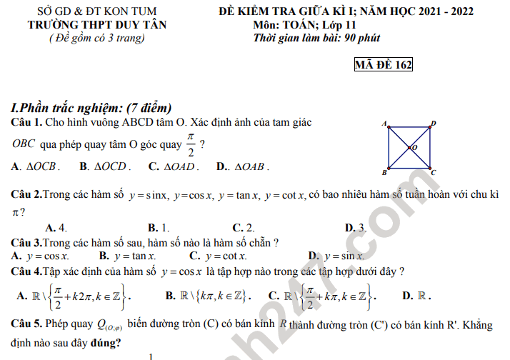 Đề thi giữa kì 1 môn Toán lớp 11 - THPT Duy Tân 2021