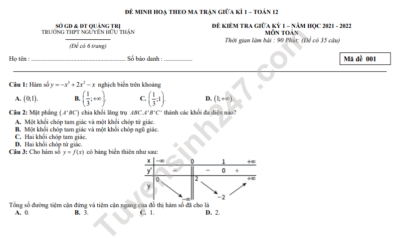 Đề giữa kì 1 môn Toán lớp 12 năm 2021 - THPT Nguyễn Hữu Thận (Đề mẫu)