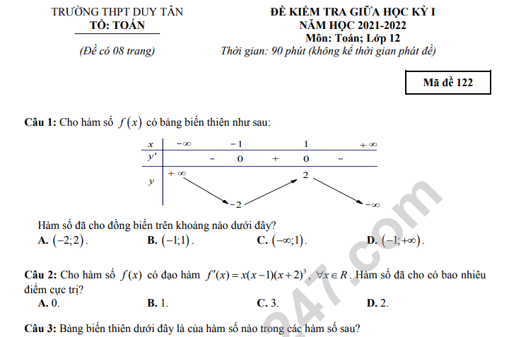 Đề thi giữa kì 1 lớp 12 môn Toán 2021 - THPT Duy Tân