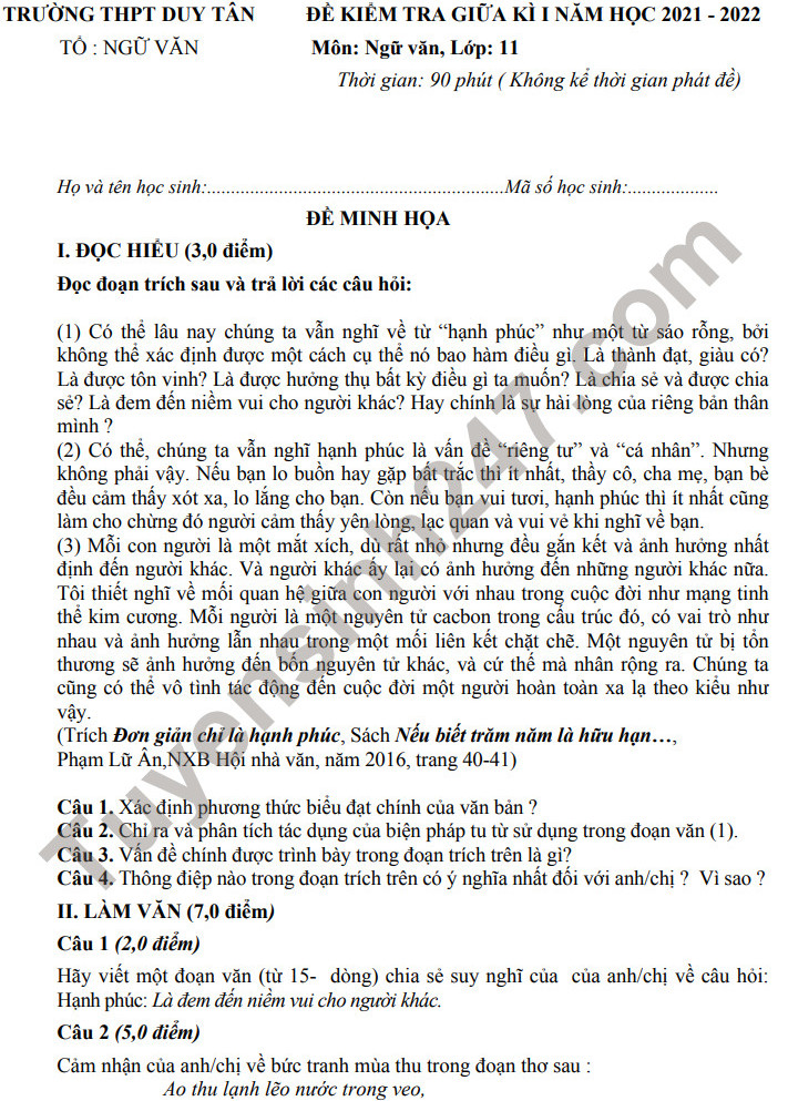 Đề thi giữa kì 1 THPT Duy Tân 2021 - lớp 11 môn Văn (Đề tham khảo)