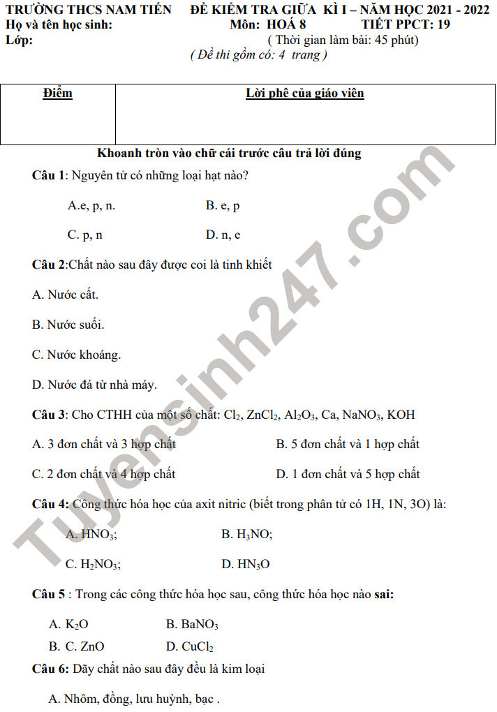 Đề thi giữa kì 1 lớp 8 môn Hóa 2021 - THCS Nam Tiến (Có đáp án)