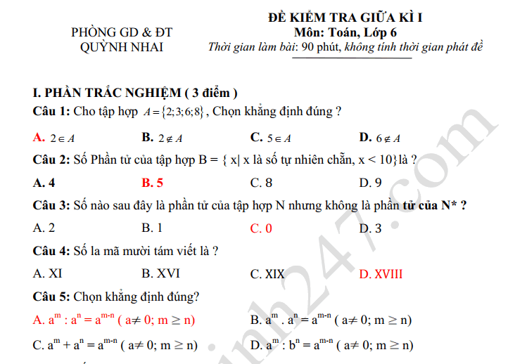 Đề thi giữa kì 1 môn Toán lớp 6 - Phòng GD Quỳnh Nhai