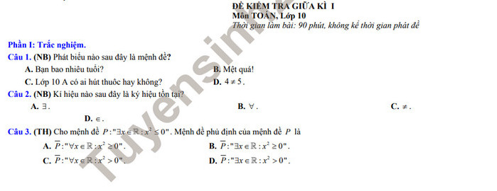 Đề minh họa thi giữa kì 1 Toán lớp 10 - THPT Hà Huy Tập 2021