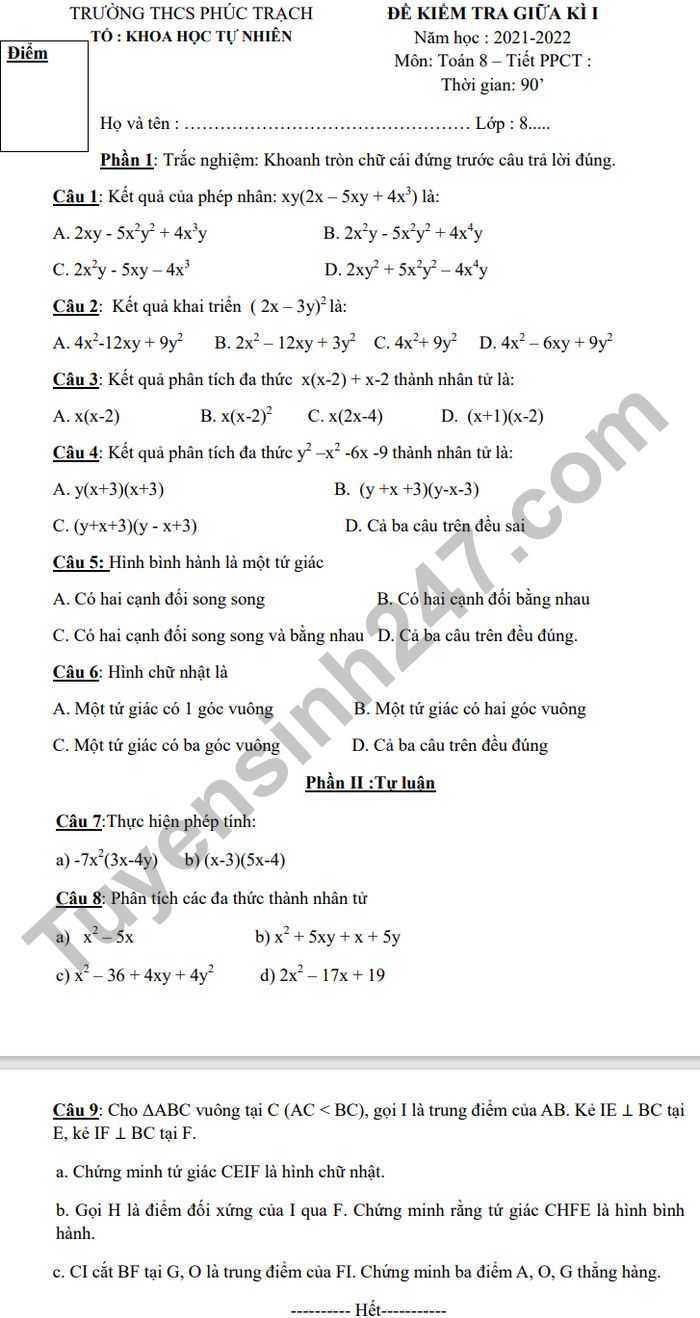 Đề thi giữa kì 1 môn Toán lớp 8 - THCS Phúc Trạch 2021