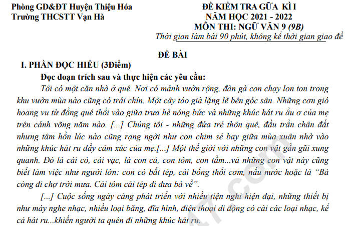 Đề thi giữa kì 1 lớp 9 môn Văn 2021 - THCS Vạn Hà