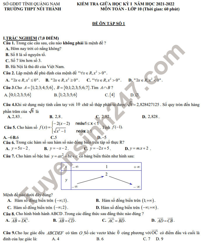 Đề thi giữa kì 1 năm 2021 Toán lớp 10 - THPT Núi Thành (Đề luyện)