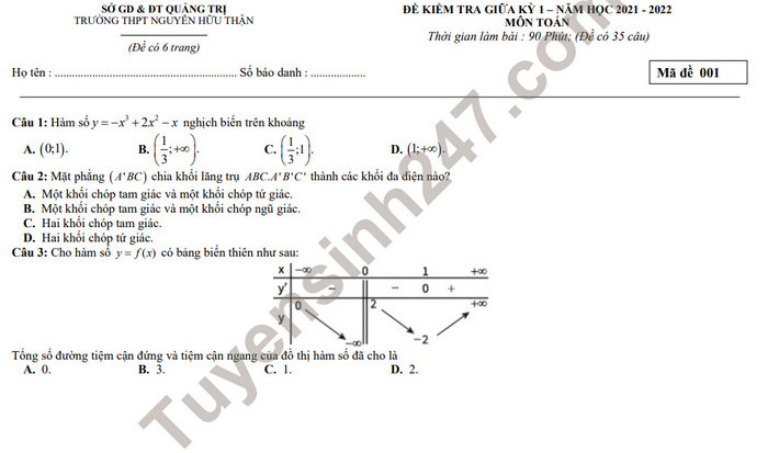 Đề thi giữa kì 1 Toán 12 - THPT Nguyễn Hữu Thận 2021 (minh họa)