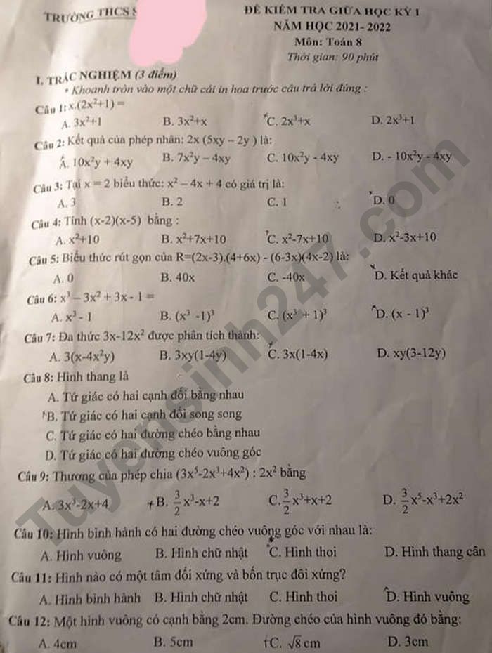 Đề thi giữa kì 1 môn Toán lớp 8 năm học 2021 - 2022
