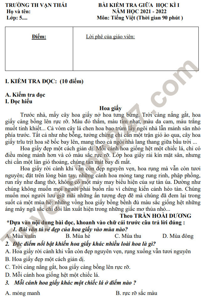 Đề kiểm tra giữa kì 1 lớp 5 môn Tiếng Việt 2021 - Tiểu học Vạn Thái