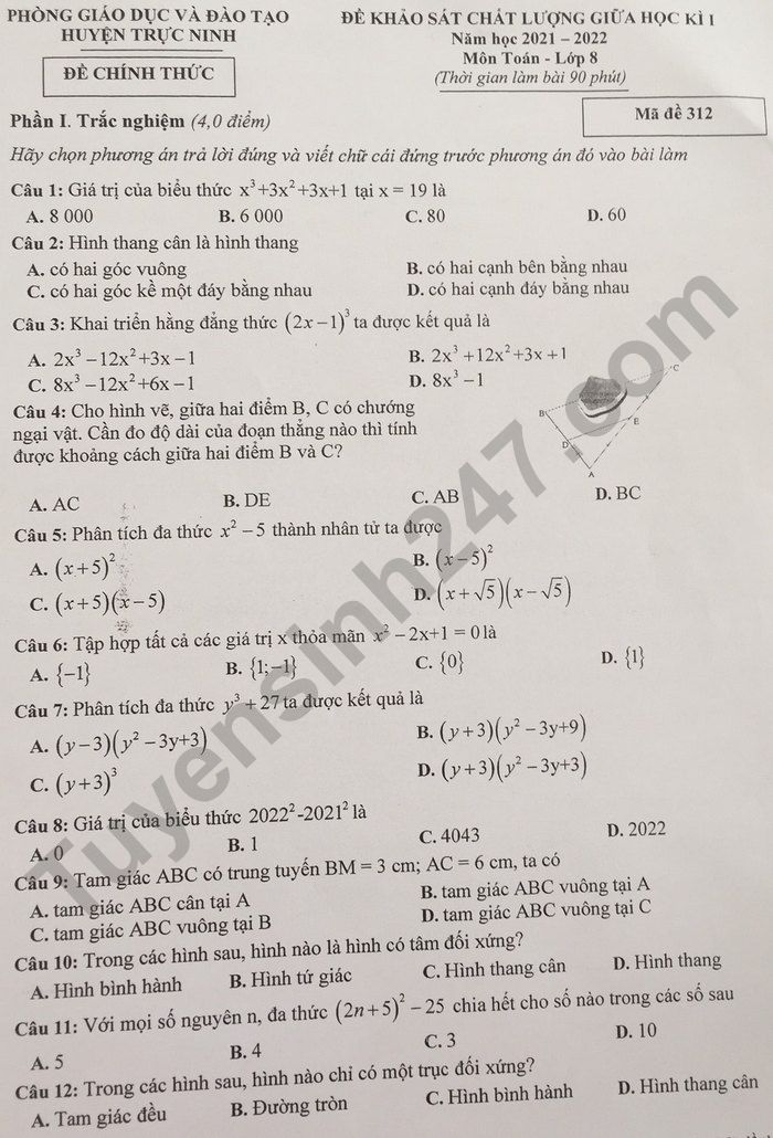 Đề thi giữa kì 1 môn Toán lớp 8 - Phòng GD Huyện Trực Ninh 2021