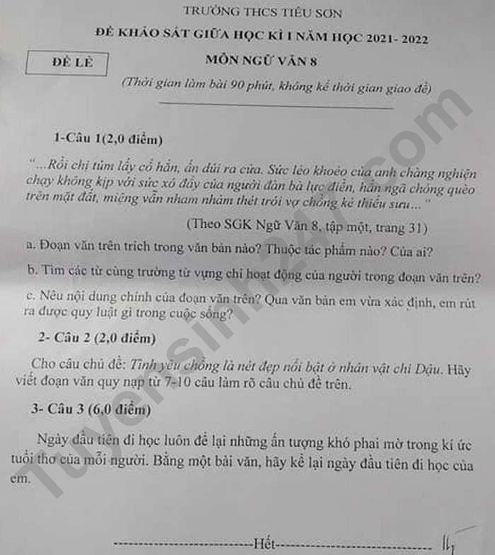 Đề kiểm tra giữa kì 1 Văn lớp 8 - THCS Tiêu Sơn 2021