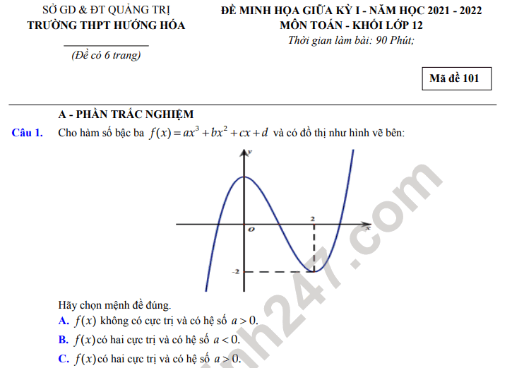 Đề giữa kì 1 môn Toán lớp 12 năm 2021 - THPT Hướng Hóa