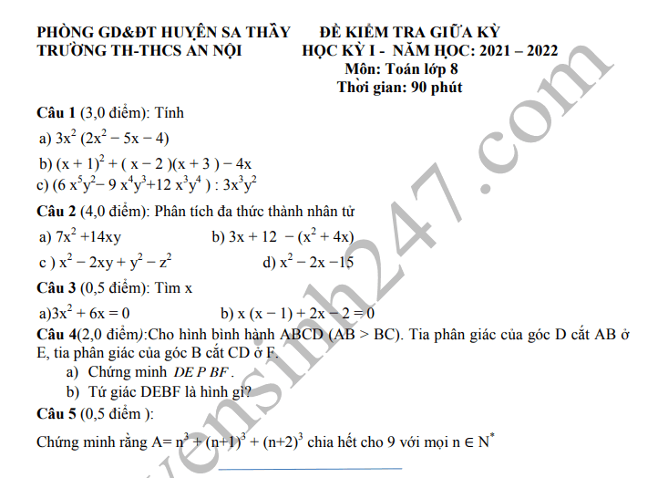 Đề thi giữa kì 1 lớp 8 môn Toán 2021 - THCS An Nội