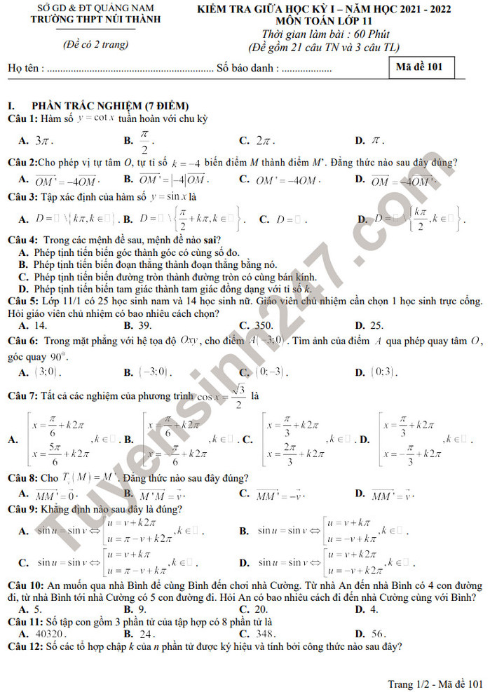 Đề kiểm tra giữa kì 1 Toán lớp 11 năm 2021 - THPT Núi Thành