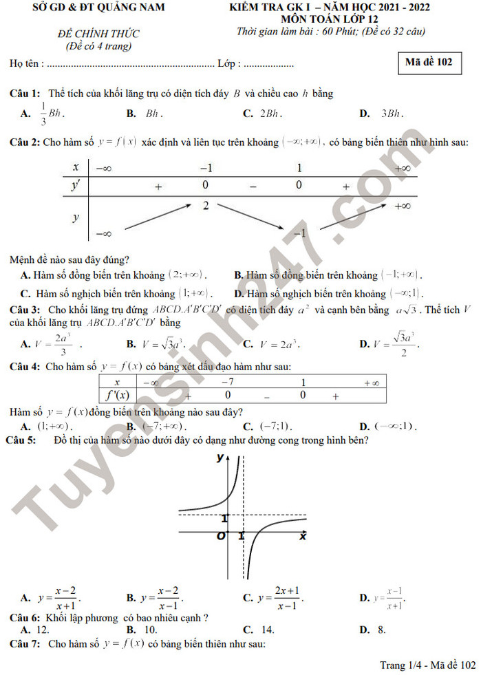 Đề thi giữa kì 1 năm 2021 tỉnh Quảng Nam lớp 12 môn Toán