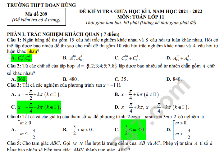 Đề thi giữa kì 1 lớp 11 môn Toán 2021 - THPT Đoan Hùng