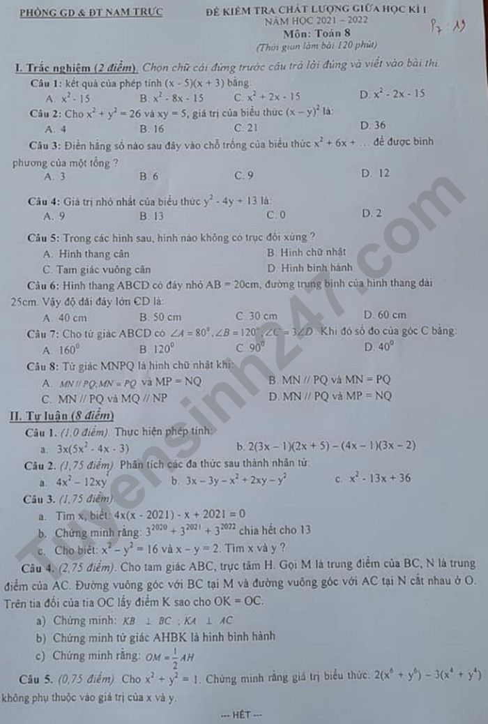 Đề thi giữa kì 1 lớp 8 môn Toán năm 2021 - Phòng GD Nam Trực