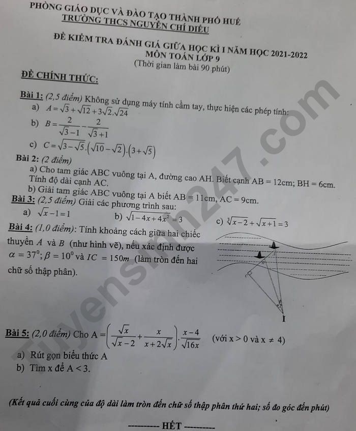 Đề kiểm tra giữa kì 1 Toán 9 THCS Nguyễn Chí Diểu 2021