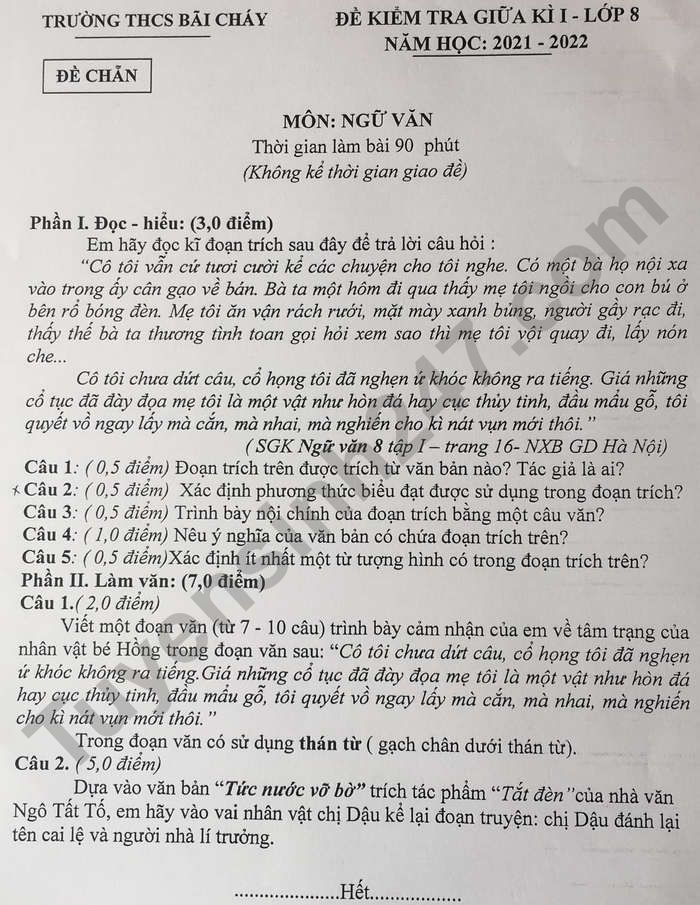 Đề thi giữa kì 1 môn Văn lớp 8 - THCS Bãi Cháy năm 2021