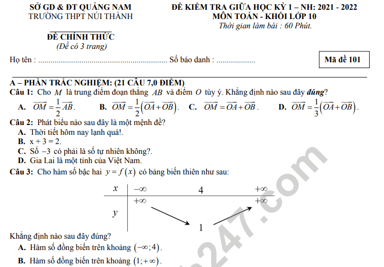 Đề thi giữa kì 1 lớp 10 môn Toán 2021 - THPT Núi Thành